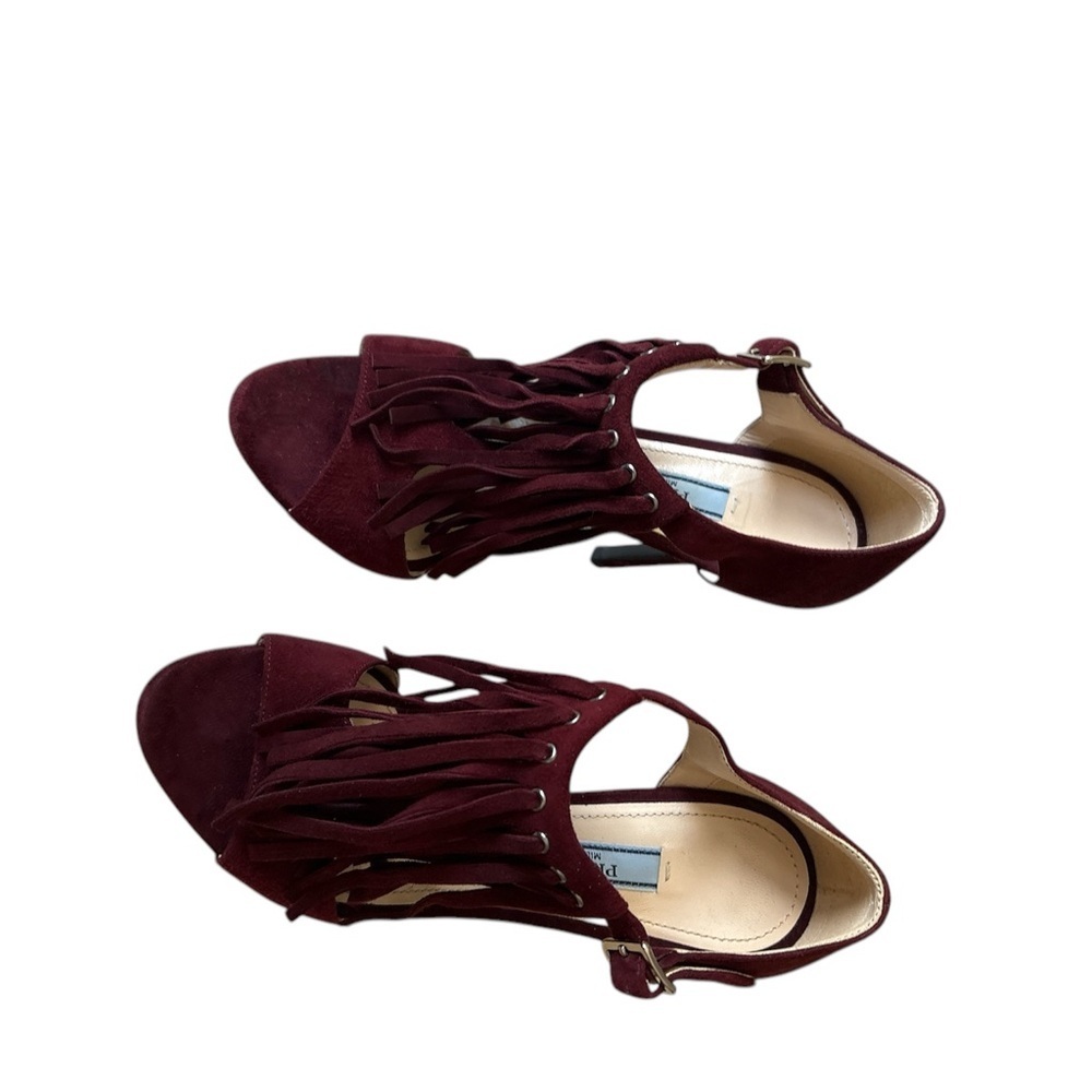 Prada Open Toe sandal heels Fringe Suede Ankle Strap burgundy Size EU 35 - Picture 6 of 12